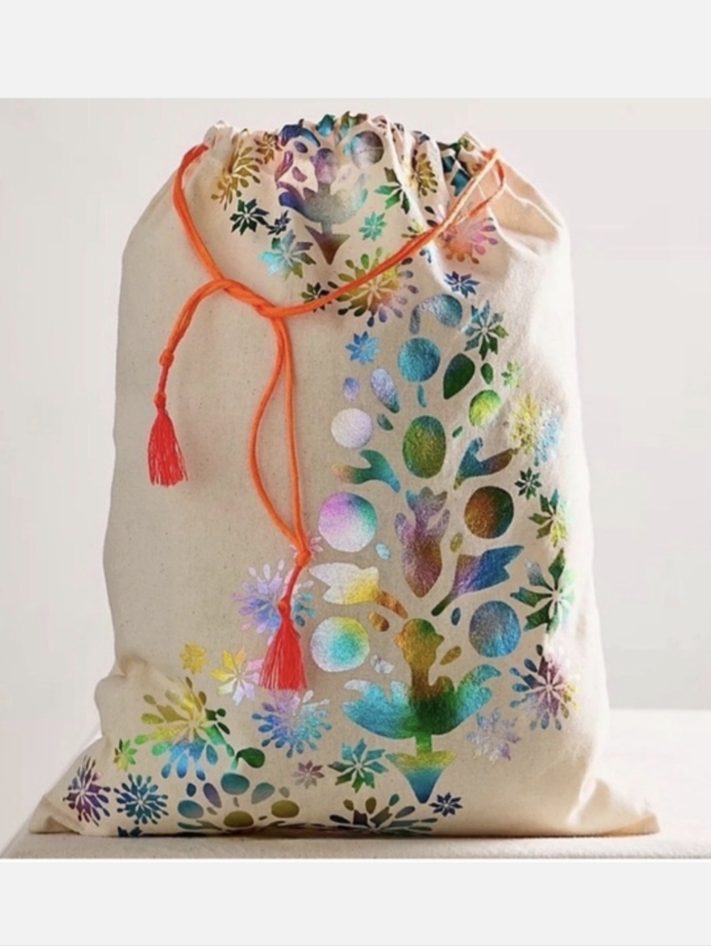 2 Free People Gift Bags Gray Abstract Tote with Rainbow Metallic Pouch Buti Logo